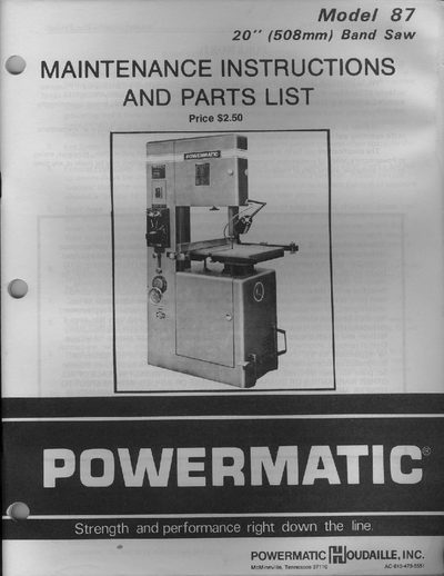 Powermatic Model 87 20" Band Saw Maintenance Manual - cover page