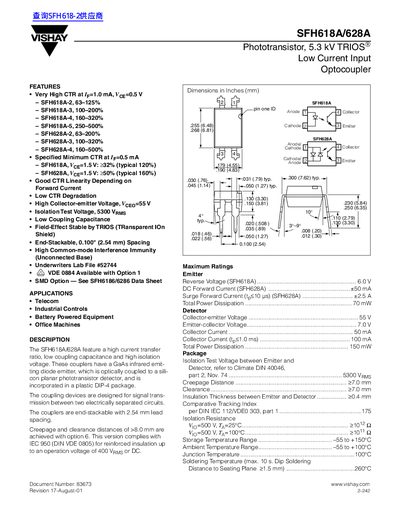 Vishay SFH618A/628A Optocoupler Datasheet - cover page