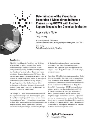 Agilent Application Note: Determination of Isosorbide-5-Mononitrate in Human Plasma using GC/MS with ECNI - cover page