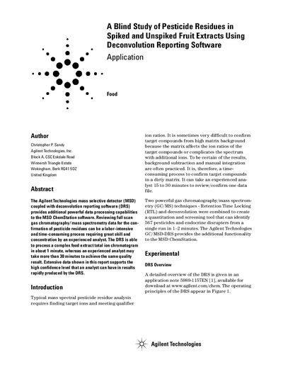 A Blind Study of Pesticide Residues in Spiked Unspiked Fruit Extracts Using Deconvolution Reporting Software - cover page