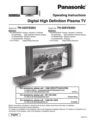 Panasonic TH-42XVS30U/TH-50XVS30U Digital HD Plasma TV Operating Instructions - cover page