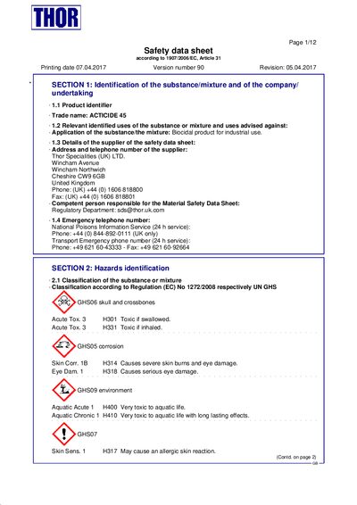 Thor Specialities ACTICIDE 45 Safety Data Sheet - cover page