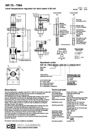 Goldammer NR 70-TMA Level Temperature Regulator Data Sheet - cover page