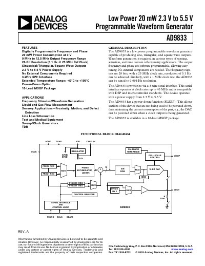 Analog Devices AD9833 Programmable Waveform Generator Datasheet - cover page