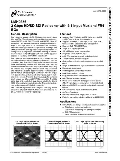 National Semiconductor LMH0356 3 Gbps HD/SD SDI Reclocker with 4:1 Input Mux and FR4 EQs Datasheet - cover page