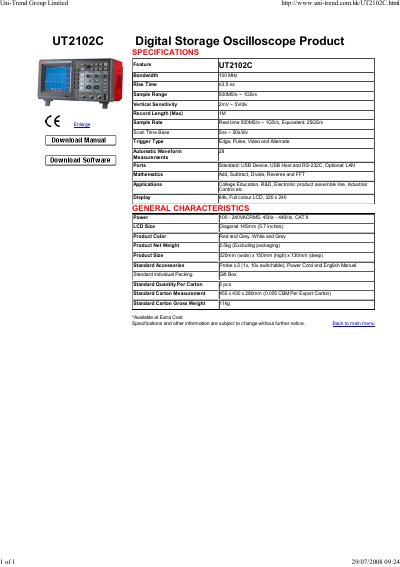 UNI‑T UT2102C Digital Storage Oscilloscope Product Specification - cover page