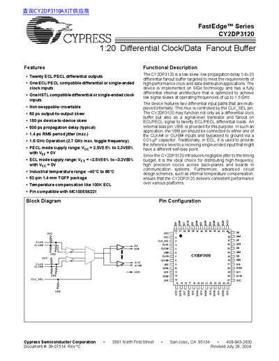 Cypress CY2DP3120 FastEdge Series 1:20 Differential Clock/Data Fanout Buffer Datasheet - cover page