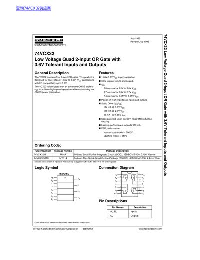 Fairchild Semiconductor 74VCX32 Low Voltage Quad 2-Input OR Gate Datasheet