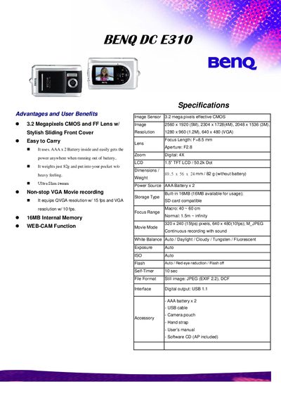 BenQ DC E310 Camera Specification Sheet - cover page