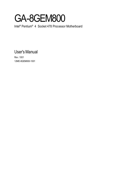 GIFABYTE GA-8GEM800 Intel Pentium 4 Socket 478 Processor Motherboard user manual - cover page