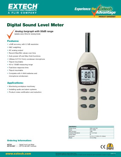 Extech 407730 Digital Sound Level Meter Product Leaflet - cover page