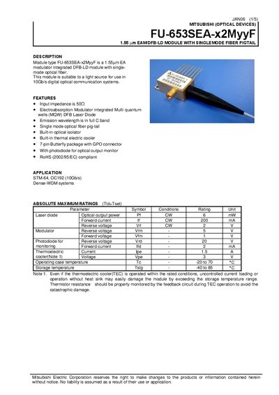 Mitsubishi Electric FU-653SEA-x2MyyF 1.55 µm EAM/DFB-LD Module Datasheet - cover page