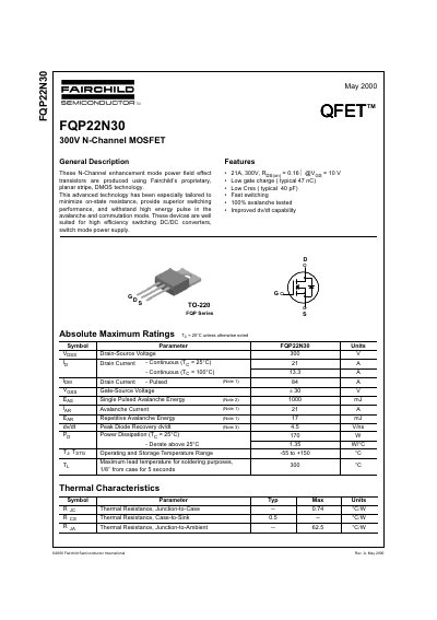 Fairchild Semiconductor FQP22N30 N-Channel MOSFET Datasheet - cover page