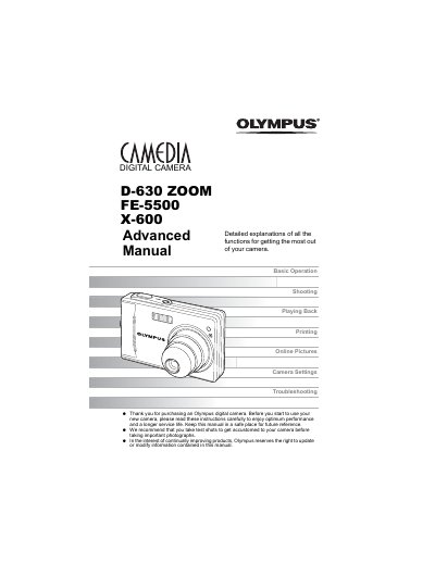 Olympus D-630 ZOOM FE-5500 X-600 Advanced Detailed Explanations Manual - cover page