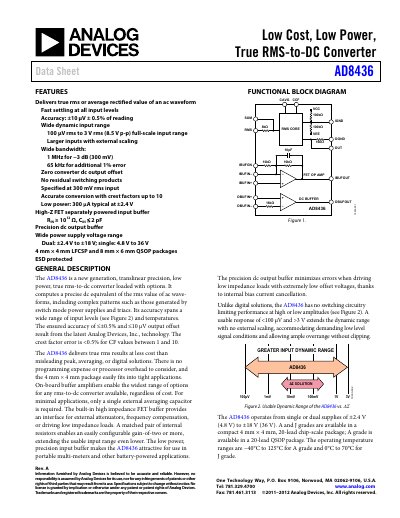 ANALOG DEVICES AD8436: Low Cost Low Power True RMS-to-DC Converter Data Sheet (Rev A 2012-07-18-)