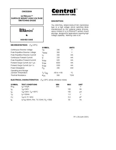 Central Semiconductor CMOD2004 Surface Mount High Voltage Switching Diode Datasheet - cover page