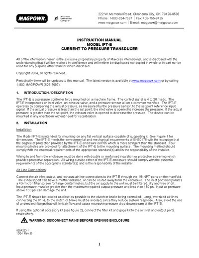 Magpowr IPT-E Current to Pressure Transducer Instruction Manual - cover page