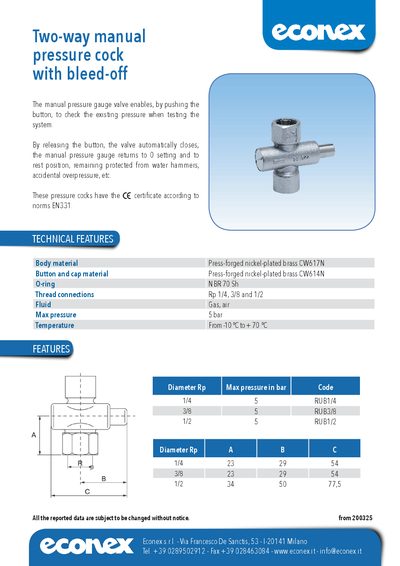Econex RUB1/4, RUB3/8, RUB1/2 Manual Pressure Gauge Valve Datasheet - cover page