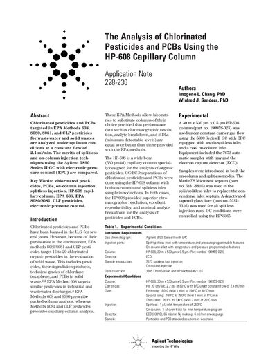 Agilent HP-608 Capillary Column Application Note for Chlorinated Pesticides and PCBs Analysis - cover page