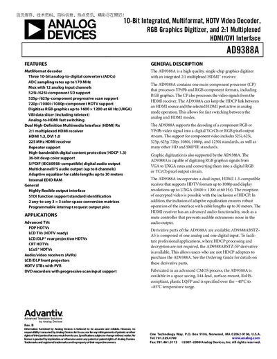 Analog Devices AD9388A Video Decoder Datasheet - cover page