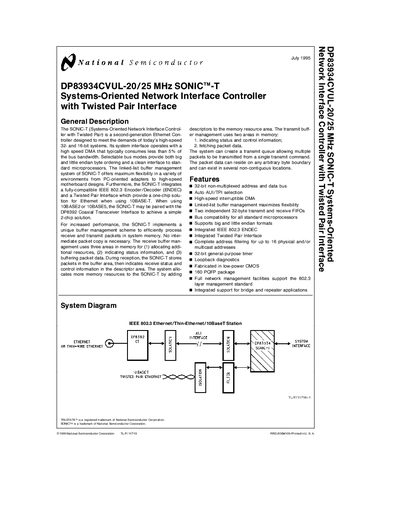 National Semiconductor DP83934CVUL-20/25 MHz SONIC TM -T Systems-Oriented Network Interface Controller with Twisted Pair Interface handbook - cover page