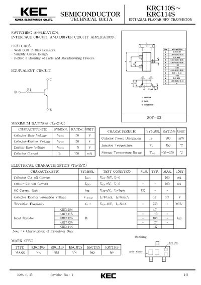 KEC KRC110S~KRC114S Datasheet - cover page