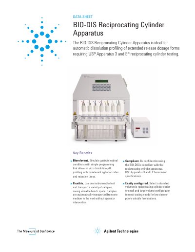 Agilent BIO-DIS Reciprocating Cylinder Apparatus Datasheet - cover page
