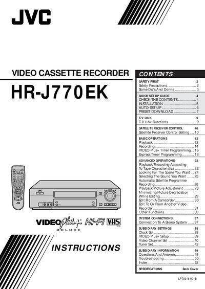JVC HR-J770EK Video Cassette Recorder User Manual - cover page