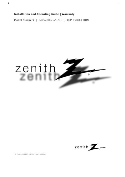 Zenith Z44SZ80/Z52SZ80 DLP Projection TV Installation and Operating Guide - cover page