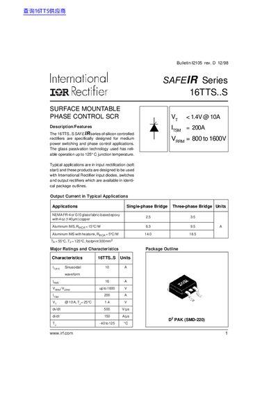 International Rectifier 16TTS..S SAFEIR Series SCR Datasheet Bulletin 12105 - cover page