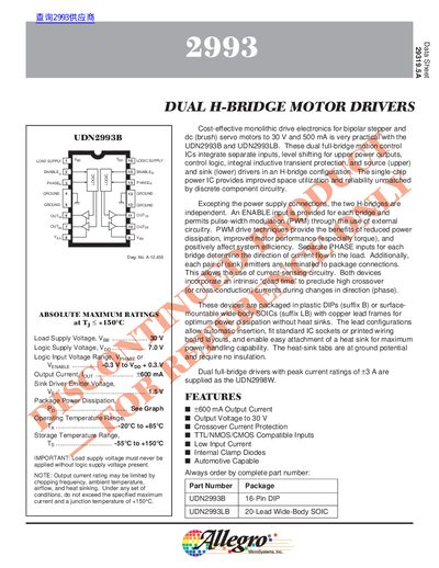 Allegro Microsystems UDN2993 Dual H-Bridge Motor Drivers Datasheet - cover page