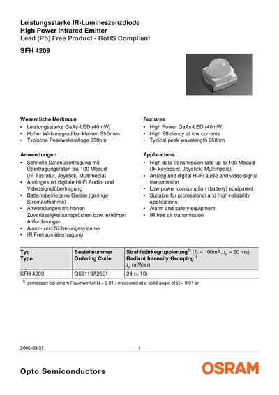 OSRAM SFH 4209 Infrared Emitter Datasheet - cover page