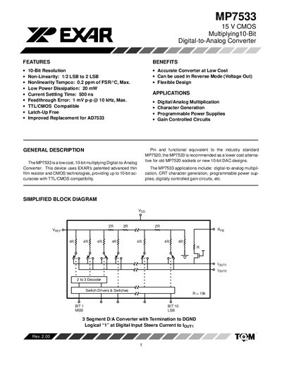 EXAR MP7533 15 V CMOS Multiplying 10‑Bit DAC Datasheet - cover page