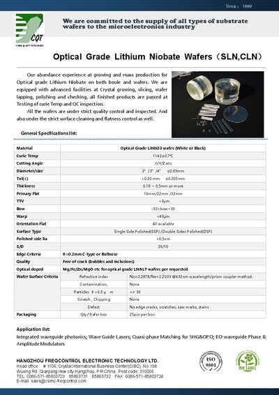 Hangzhou Freqcontrol SLN/CLN Optical Grade Lithium Niobate Wafers Datasheet - cover page