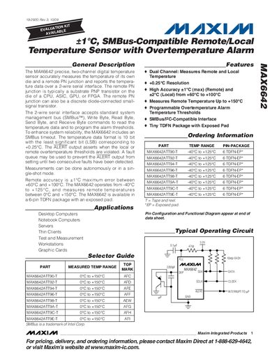 Maxim MAX6642 SMBus-Compatible Remote/Local Temperature Sensor Overtemperature Alarm Datasheet - cover page