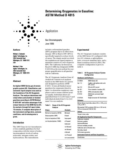 Agilent 6890 Series Gas Chromatography Application Note Determining Oxygenates in Gasoline ASTM Method D 4815 - cover page
