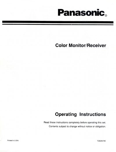 Panasonic CT-2584VY Color Monitor Operating Instructions - cover page