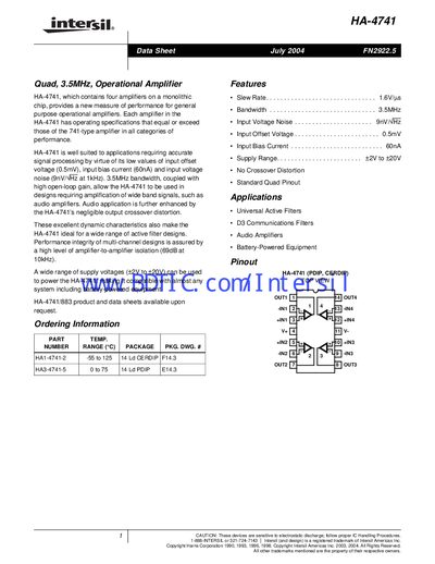Intersil HA-4741 Quad Operational Amplifier Datasheet - cover page