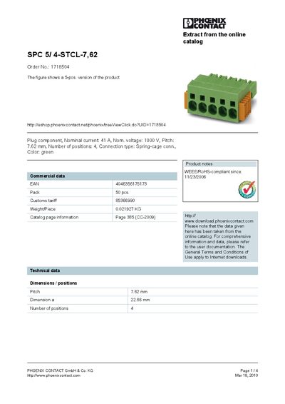 PHOENIX CONTACT SPC 5/ 4-STCL-7 62 Order No.: 1718504 The figure shows a 5-pos. version of the product handbook - cover page