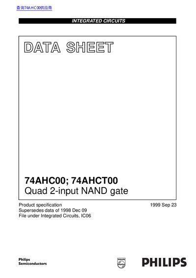 Philips 74AHC00/74AHCT00 Quad 2-Input NAND Gate Datasheet - cover page