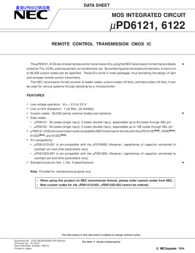 NEC uPD6121/6122 Remote Control Transmission CMOS IC Datasheet - cover page