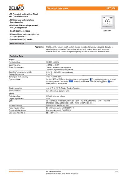 Belimo 22RT-A001 LCD Room Unit Technical Data Sheet - cover page