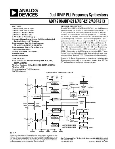 Analog Devices ADF4210/ADF4211/ADF4212/ADF4213 Dual RF/IF PLL Frequency Synthesizers Datasheet