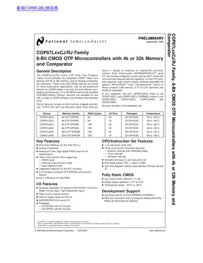 National Semiconductor COP87LxxCJ/RJ Family 8-Bit CMOS OTP Microcontrollers Datasheet - cover page