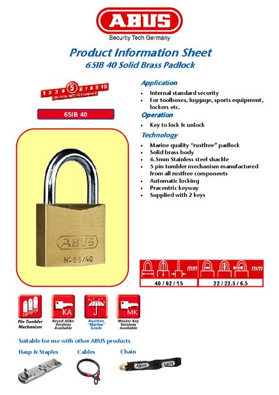 ABUS 65IB 40 Solid Brass Padlock Product Information Sheet - cover page