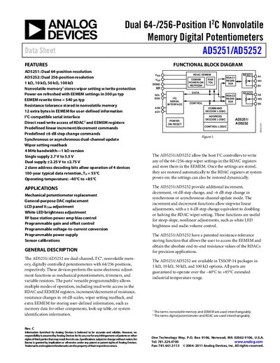 Analog Devices AD5251/AD5252 Digital Potentiometer Datasheet