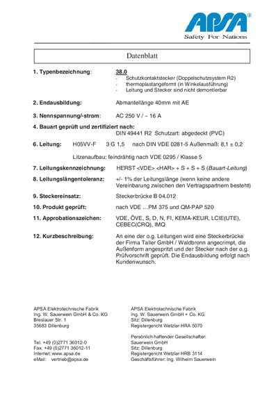 APSA Safety Contact Plug Datasheet - cover page