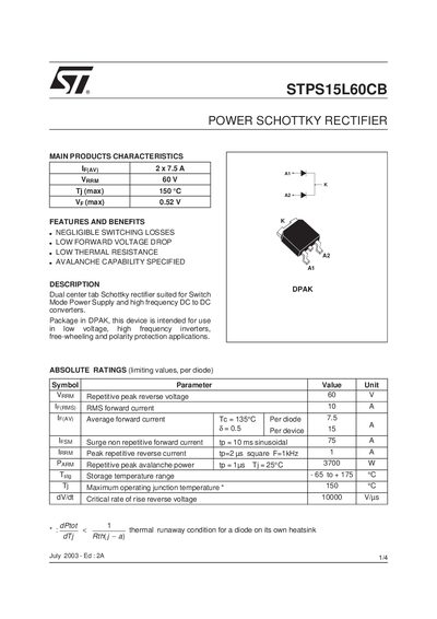 STMicroelectronics STPS15L60CB Power Schottky Rectifier Datasheet - cover page