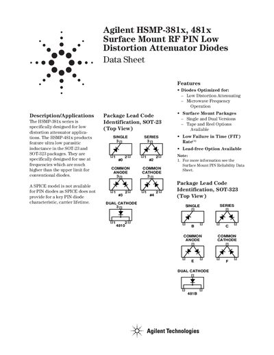 Agilent HSMP-381x/HSMP-481x RF PIN Low Distortion Attenuator Diodes Datasheet - cover page