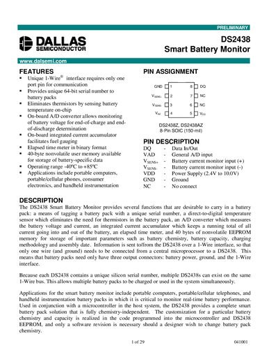 Dallas Semiconductor DS2438 Smart Battery Monitor Datasheet - cover page